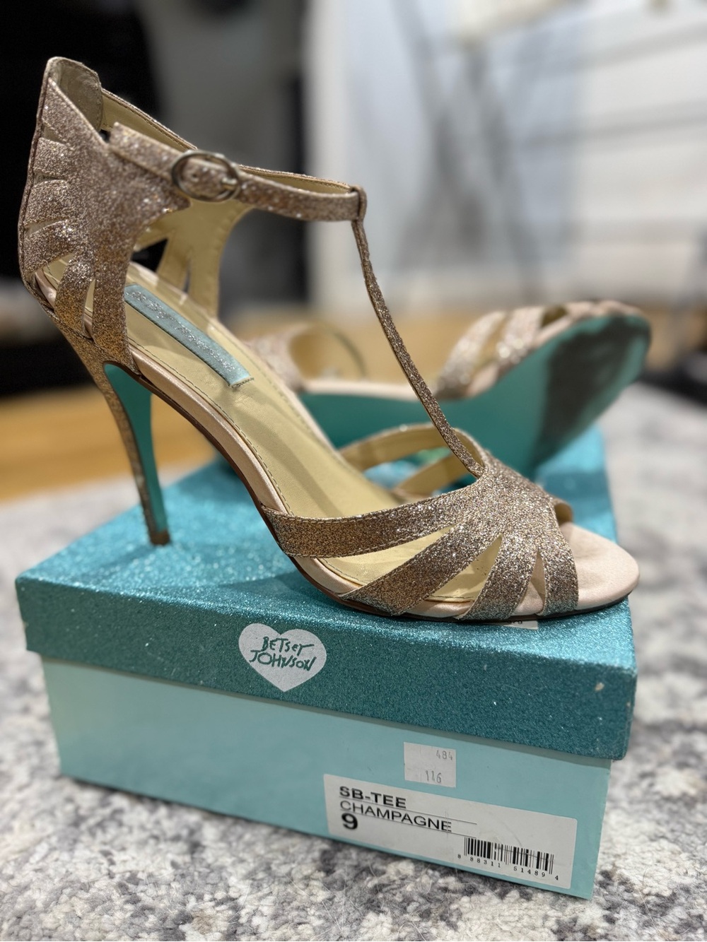 Betsey Johnson Champagne Glitter T-Strap Stiletto Sandals